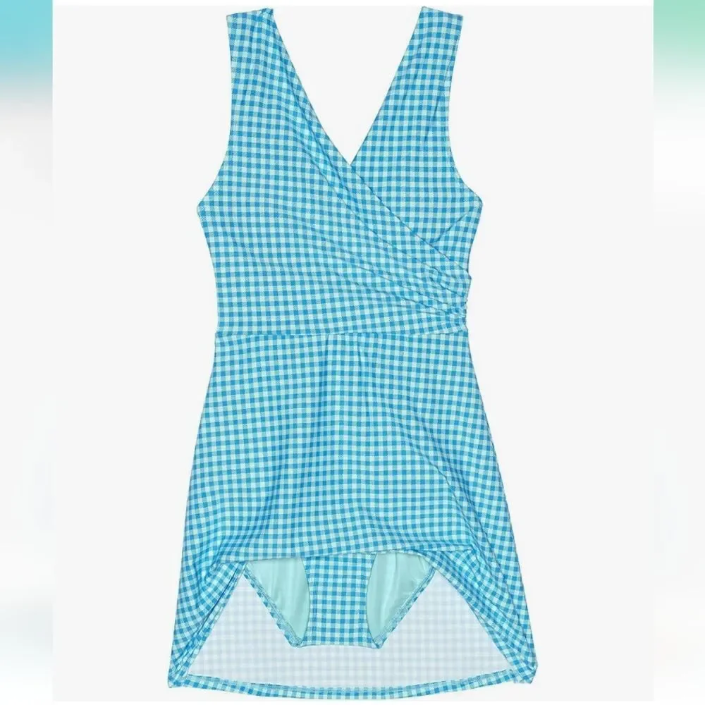 NWT Lands' End Aqua Blue Gingham Tummy Control Swim Dress Size 12 LONG Modest